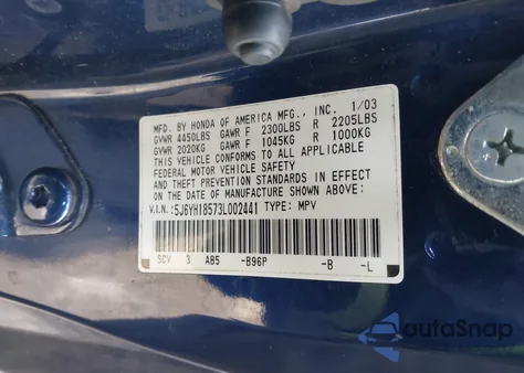 2003 Honda Element Ex from USA, damaged, VIN 5J6YH18573L002441